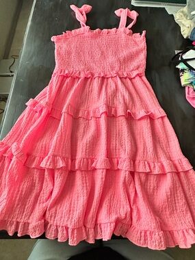 Planet Gold Bright Pink Ruffle Tiered Sundress